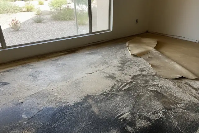 Vinyl flooring being removed from a subfloor during a home demolition project in Chandler, AZ.