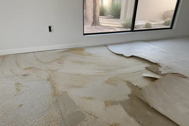 Vinyl flooring removal showing adhesive residue and torn sheets on a subfloor at a job site in Scottsdale, AZ.