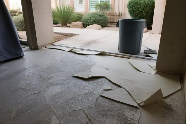Flooring removal project showing torn vinyl sheeting and subfloor adhesive at a residential jobsite in Glendale, AZ.