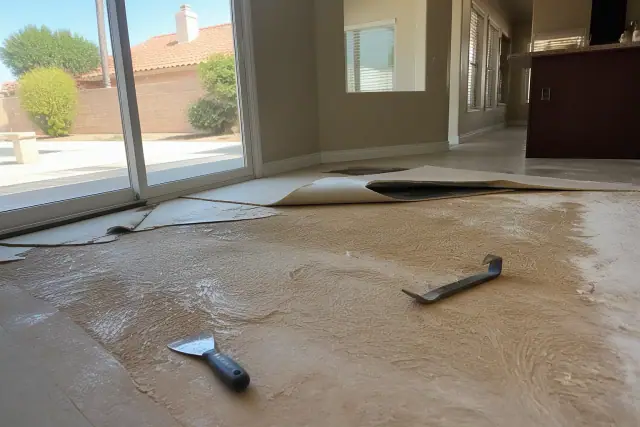 Torn vinyl flooring being removed from a subfloor in a residential home in Queen Creek, AZ.