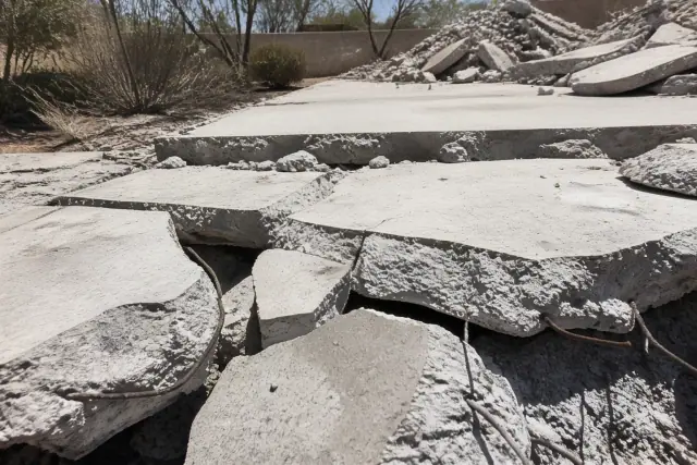 Fractured concrete slab with exposed rebar at a commercial demolition site in Phoenix, AZ.