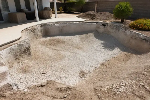 Excavated pool basin filled with aggregate and dirt at a concrete removal site in Phoenix, AZ.