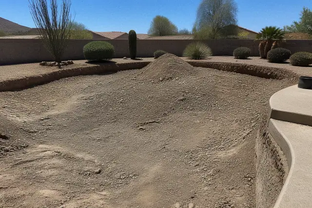 Excavated swimming pool filled with aggregate for soil compaction at a project site in Phoenix, AZ.