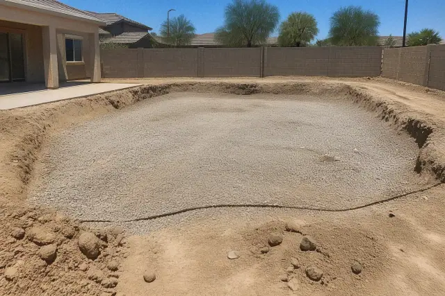 Excavated in-ground pool basin filled with aggregate during structural demolition in Phoenix, AZ.