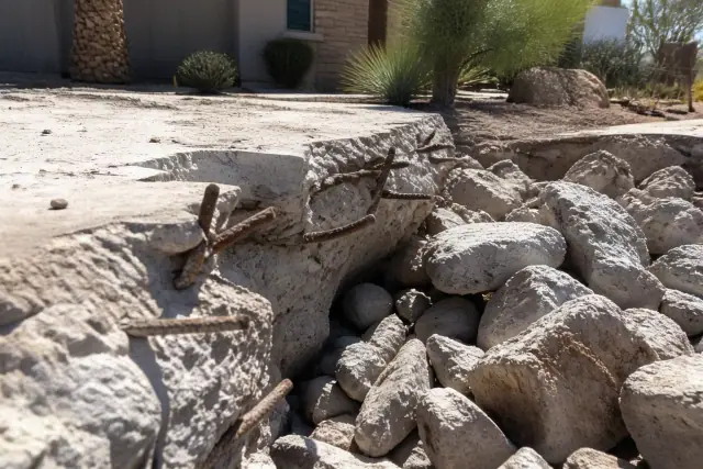 Exposed rusted rebar protruding from a fractured concrete foundation slab at a construction site in Phoenix, AZ.
