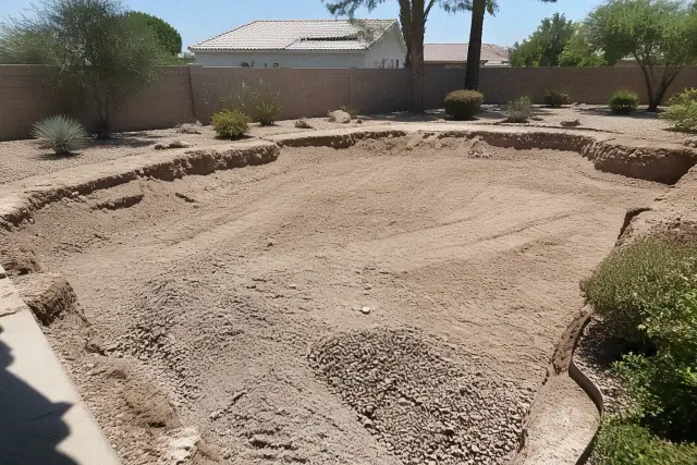 Full shell pool removal with loose aggregate and soil grading at a worksite in Phoenix, AZ.