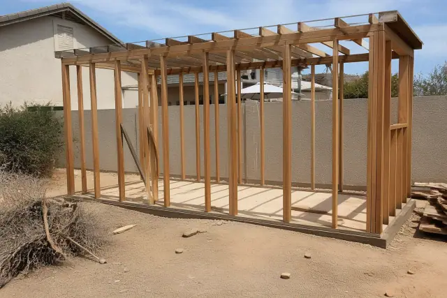 Skeletal wooden framework of a detached outbuilding being dismantled in a Phoenix, AZ backyard.
