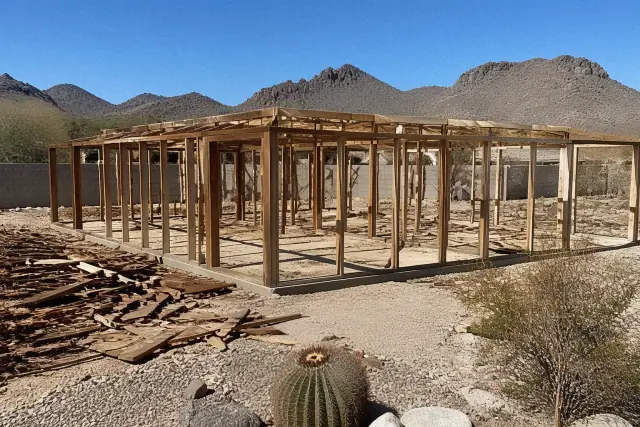 Skeletal wooden framework of a shed during demolition in Queen Creek, AZ, with a desert mountain backdrop.