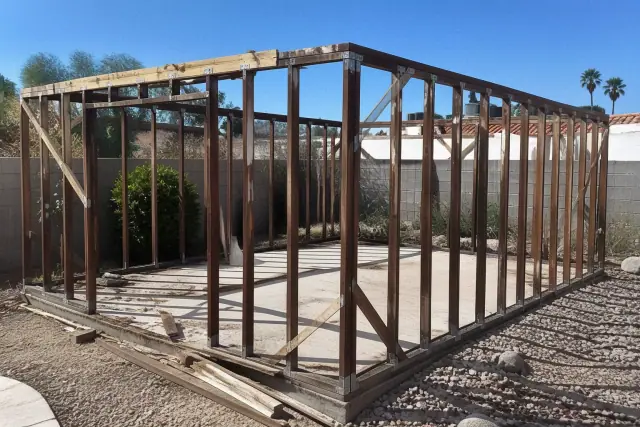 Skeletal wooden frame of a garage being demolished in a desert yard in Phoenix, AZ.