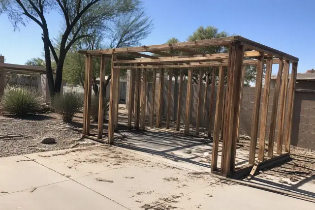 Skeletal wooden frame of a garage under demolition in Gilbert, AZ, surrounded by desert landscaping and site debris.