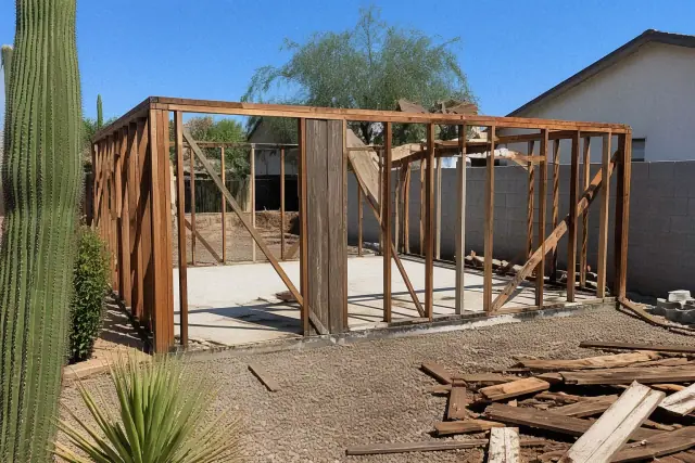 Skeletal wooden frame of a garage being demolished in Phoenix, AZ with desert landscaping.