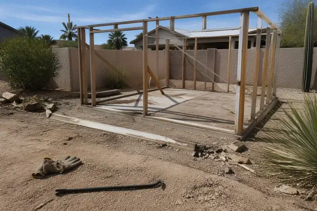 Partially demolished garage and shed structure with tools in a residential backyard in Chandler, AZ.