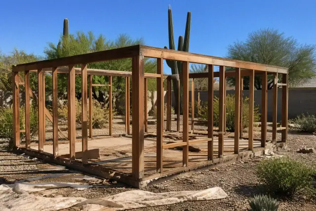 Skeletal wooden frame of a garage being demolished in Peoria, AZ with desert landscaping.
