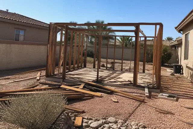 Skeletal wooden frame of a demolished shed in a residential yard in Goodyear, AZ.