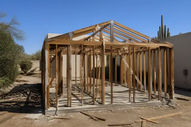 Partially dismantled wooden garage and shed frame with scattered debris at a demolition site in Scottsdale, AZ.