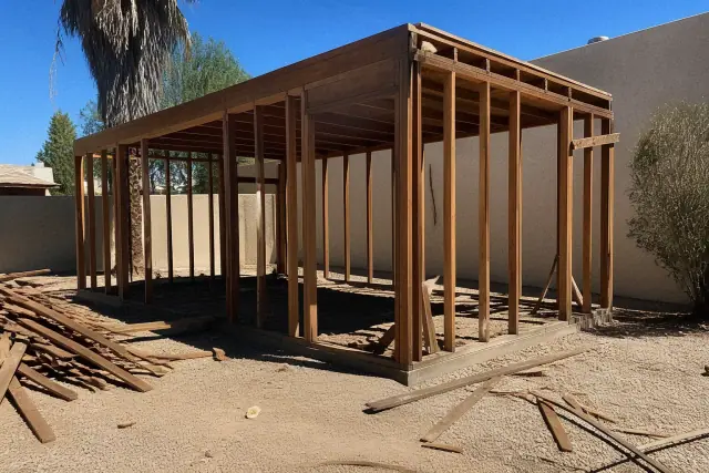 Partially dismantled garage structure with exposed wooden framing and debris during a residential demolition in Phoenix, AZ.