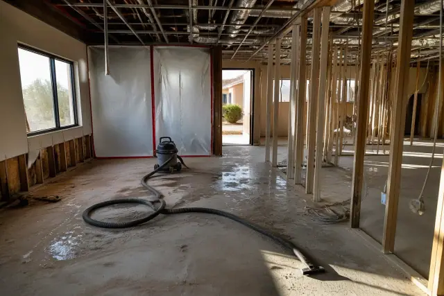 Interior demolition site with exposed studs, utility conduits, and poly containment at a job site in Phoenix, AZ.