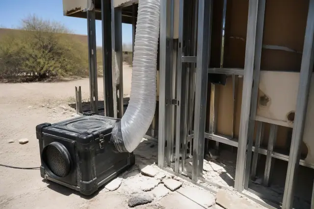 Portable HEPA air scrubber with intake ducting in a drywall renovation site in Phoenix, AZ.