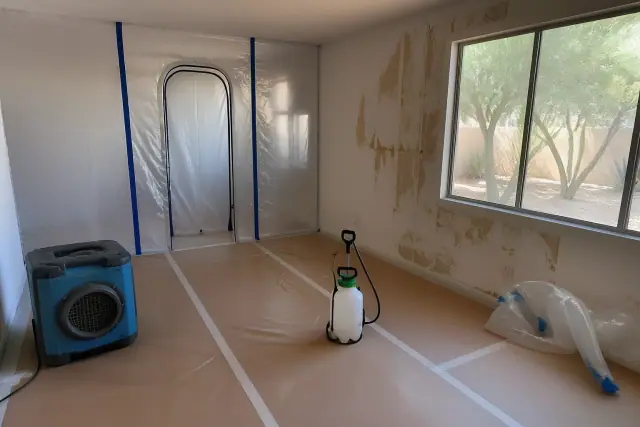Hazardous material containment setup with polyethylene barriers and a HEPA machine in a Phoenix, AZ home interior.