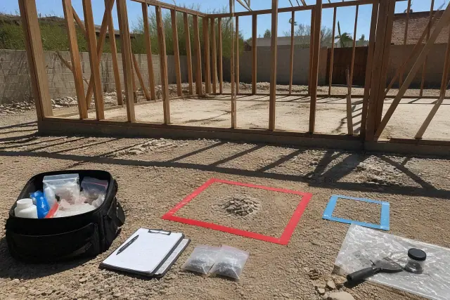 Hazardous material screening tools and testing samples on the dusty ground of a garage demolition site in Phoenix, AZ.