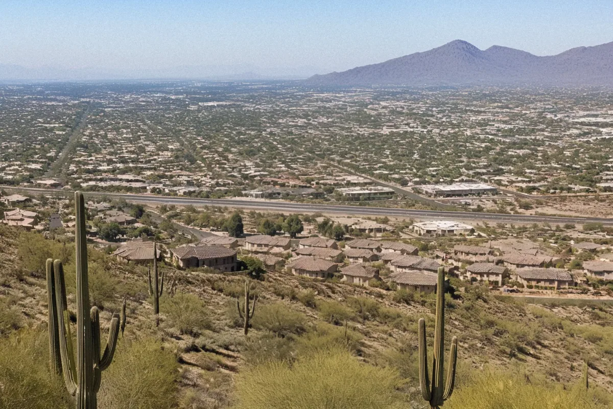 Aerial view of Phoenix, AZ residential neighborhoods, saguaro cacti, and desert landscape during golden hour.