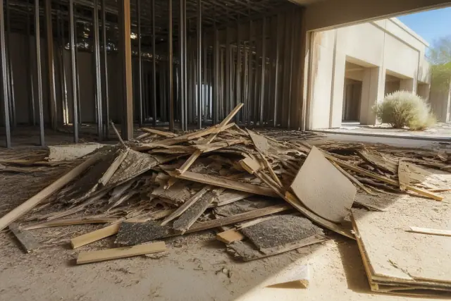 Piles of construction debris and flooring remnants inside a gutted office space in Phoenix, AZ.