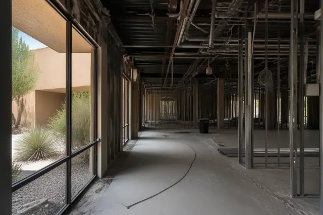 Interior of a commercial office in Phoenix, AZ during a selective demolition project with exposed studs and utilities.