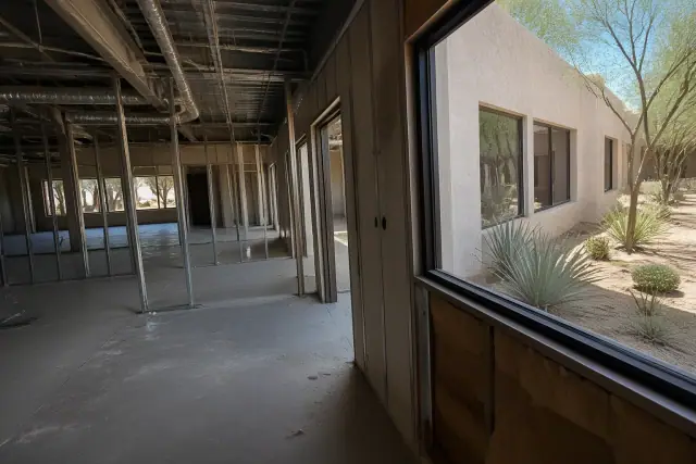 Interior of a commercial office demolition with exposed studs and utilities in Glendale, AZ.