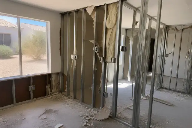 Partially dismantled drywall and metal stud walls during a residential interior demolition in Phoenix, AZ.