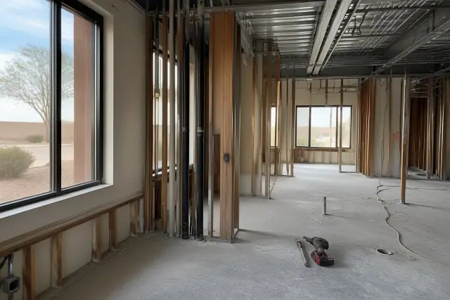 Interior demolition showing exposed wall studs and overhead conduits at a jobsite in Queen Creek, AZ.