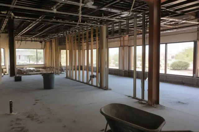 Interior demolition site with exposed studs and overhead conduits in Phoenix, AZ.