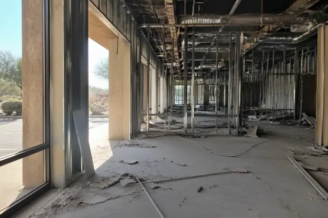 Interior demolition of a commercial office in Phoenix, AZ, showing exposed metal studs and building debris.