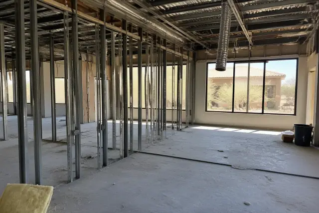 Interior demolition of an office space with exposed studs and pipes in Goodyear, AZ.