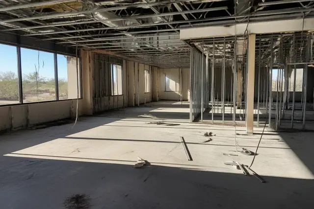 Interior demolition of an office space with exposed studs and wiring in Mesa, AZ.