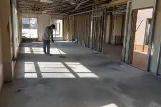 Contractor sweeping dust from a gutted commercial interior floor in Phoenix, AZ.