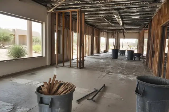 Interior strip-out and flooring removal at a commercial office site in Phoenix, AZ with debris bins and tools.