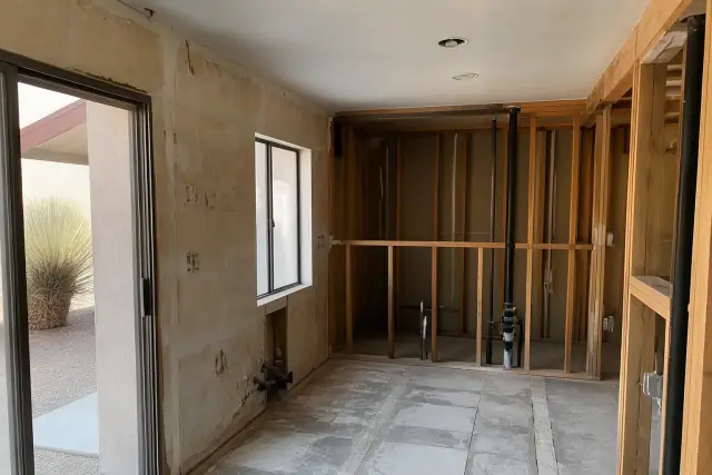 Interior view of a residential gut renovation with exposed wall framing in Phoenix, AZ.