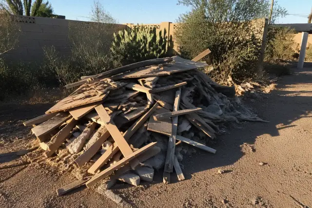 Pile of cleared desert brush, wood, and masonry debris at a landscaping site in Phoenix, AZ.