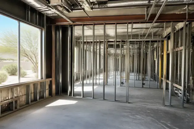 Interior of a building in Phoenix, AZ undergoing mechanical demolition with exposed metal studs and utility conduits.