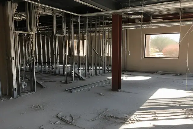 Interior of a commercial office space undergoing demolition with exposed metal conduits in Phoenix, AZ.