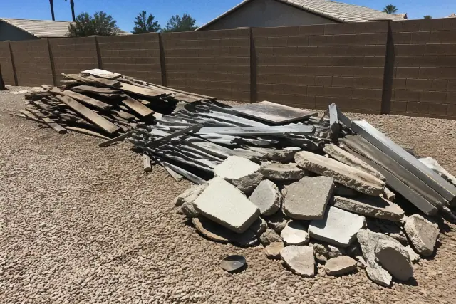 Pile of metal and plastic shed debris on gravel at a garage demolition site in Phoenix, AZ.
