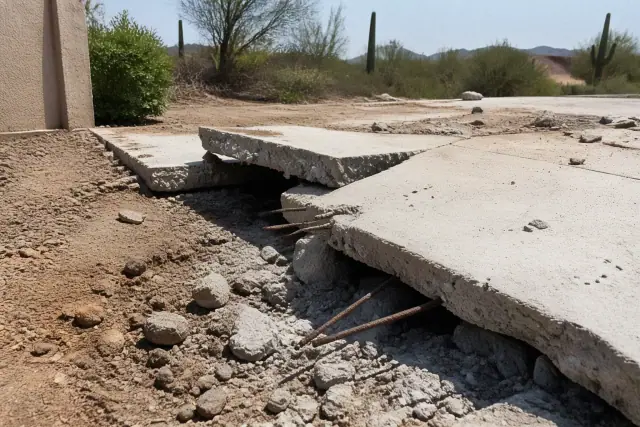 Fractured concrete driveway slab with exposed rusted rebar in Phoenix, AZ, surrounded by desert gravel and cacti.