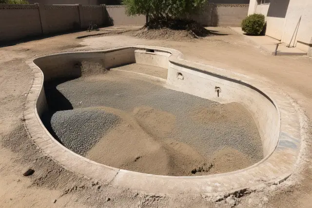 In-ground pool being filled with layers of aggregate and dirt at a demolition site in Phoenix, AZ.
