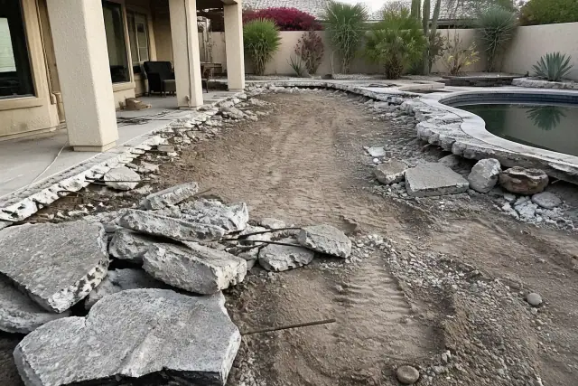 Broken concrete patio and pool deck debris at a demolition site in Phoenix, AZ.
