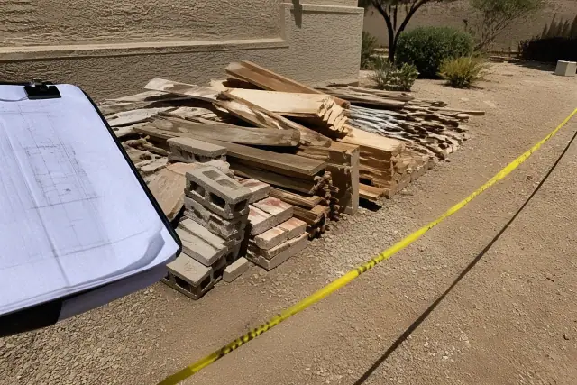 Sorted construction debris, blueprints, and caution tape at a worksite in Phoenix, AZ.