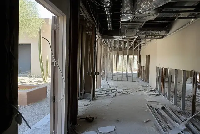 Interior view of an office demolition project showing exposed studs and debris at a jobsite in Phoenix, AZ.