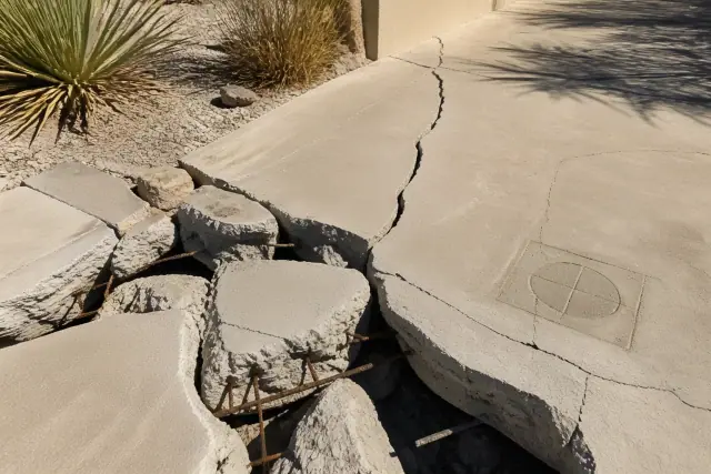 Fractured concrete slab with exposed rusted rebar and moisture-monitoring markings in Phoenix, AZ.