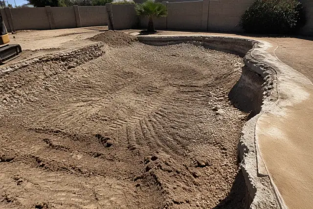 Heavy machinery tracks and loose aggregate in an in-ground pool demolition site in Phoenix, AZ.
