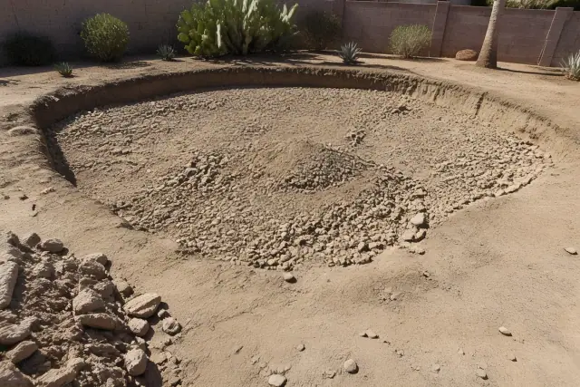In-ground pool removal site with crushed rock and soil ready for compaction in Tempe, AZ.