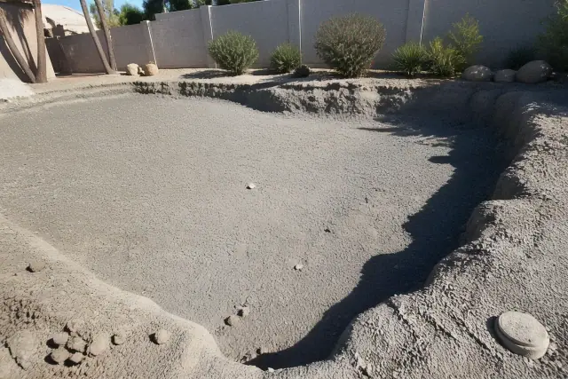 Excavated in-ground pool basin filled with aggregate staged for grading at a jobsite in Glendale, AZ.